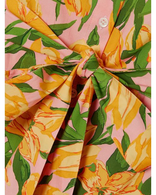 Carolina Herrera Yellow Belted Pleated Floral-Print Cotton-Poplin Midi Shirt Dress