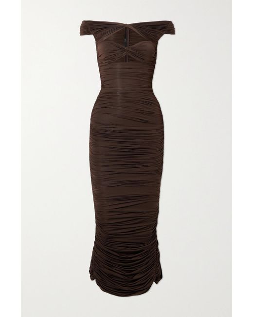 Alex Perry Brown Knox Off-The-Shoulder Cutout Stretch-Jersey Midi Dress
