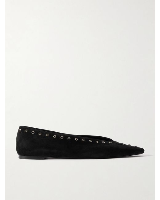 Totême Black Lace-Up Eyelet-Embellished Suede Ballet Flats