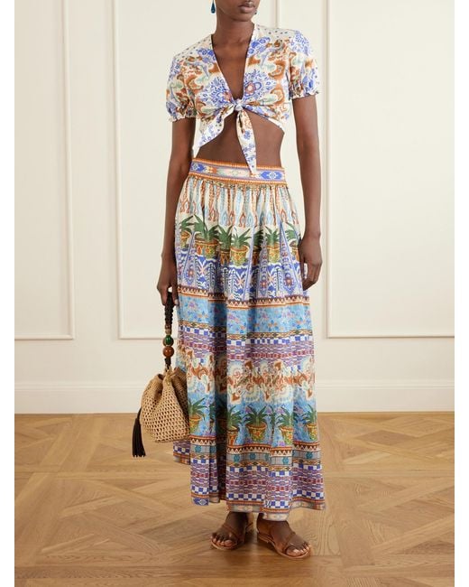 Emporio Sirenuse White Ombretta Pleated Printed Cotton Midi Skirt