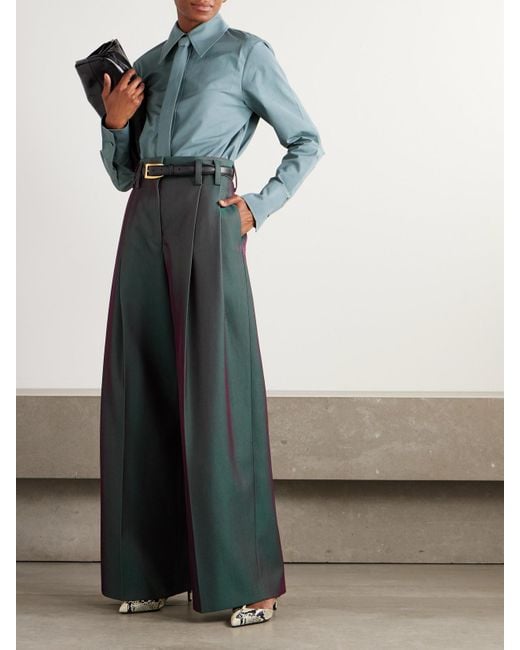 Jil Sander Green Pleated Iridescent Wool-Blend Gabardine Wide-Leg Pants