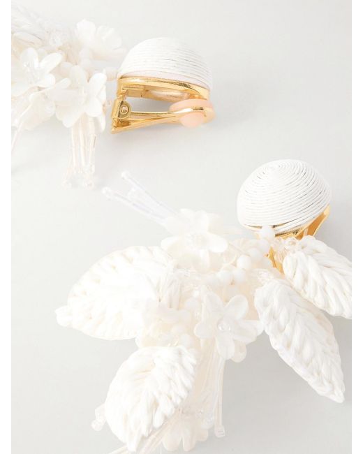 Oscar de la Renta Natural Bouquet Bead-Embellished Raffia-Like Clip Earrings
