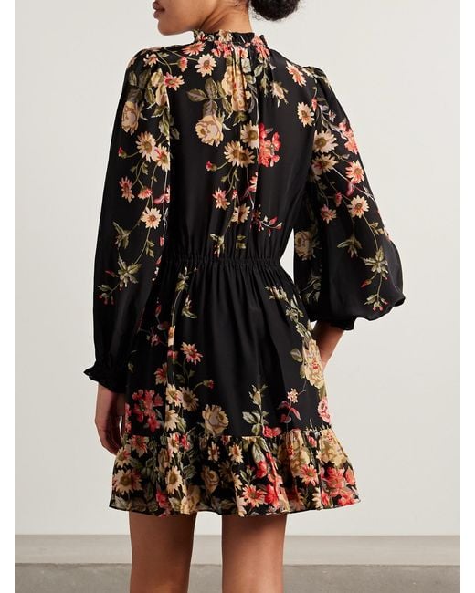 Sea Black Jolie Ruffled Floral-Print Crepe De Chine Mini Dress