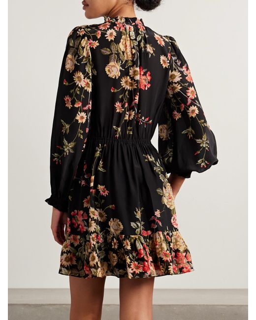 Sea Black Jolie Ruffled Floral-Print Crepe De Chine Mini Dress
