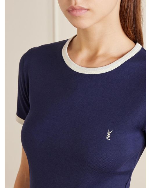 Saint Laurent Blue Cassandre-Embroidered Cotton-Jersey T-Shirt