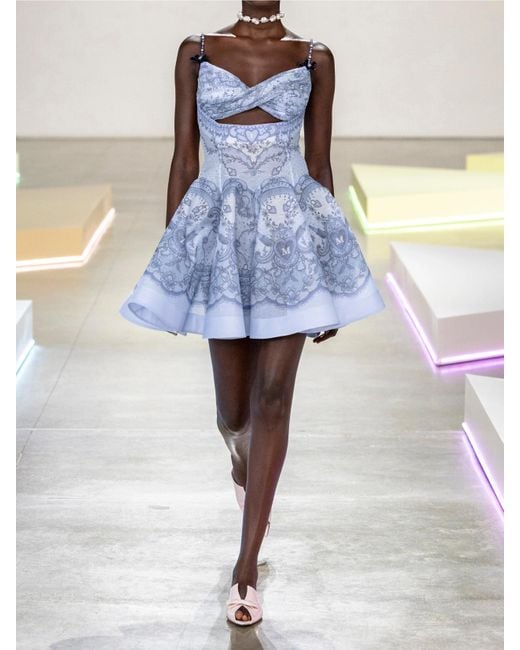 Zimmermann Blue Crush Embellished Velvet-Trimmed Printed Linen And Silk-Blend Mini Dress