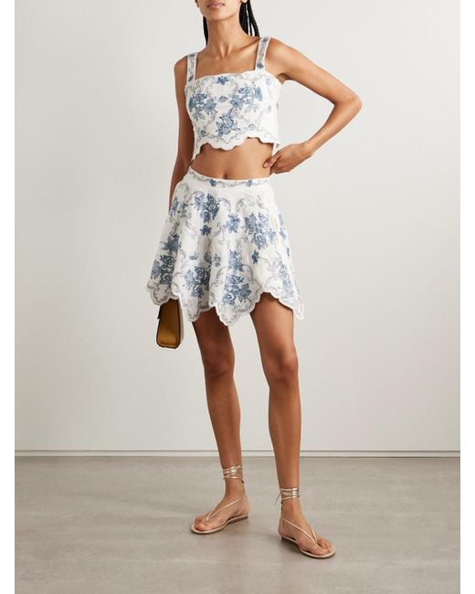 Agua Bendita Blue Luciana Gloriosa Cropped Scalloped Embroidered Linen Tank