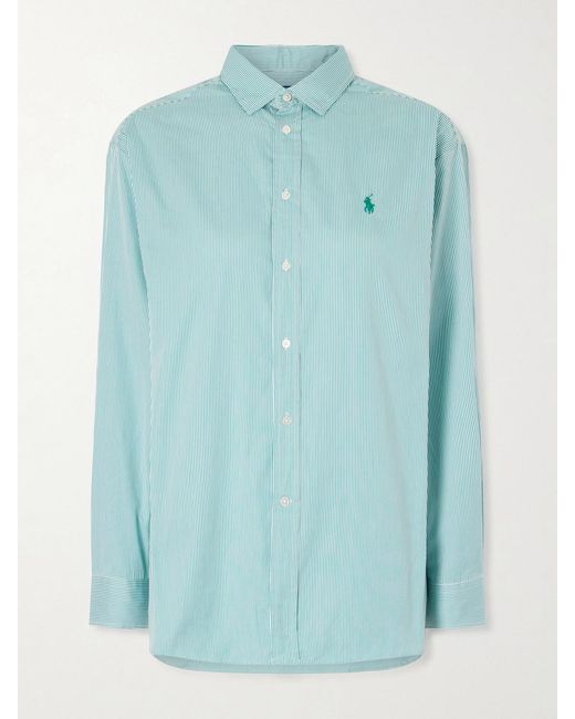 Polo Ralph Lauren Blue Embroidered Striped Cotton-Poplin Shirt