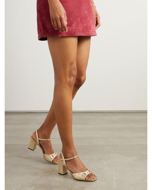 Gucci Natural Lady Horsebit Metallic Textured-Leather Sandals