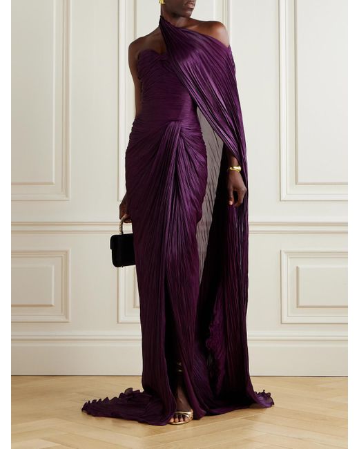 Marmar Halim Purple Cape-Effect Plissé Silk-Satin Gown