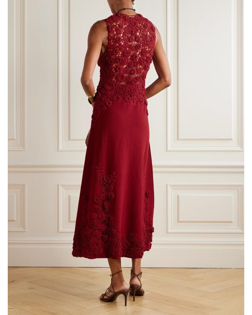 Ulla Johnson Red Genoveva Crocheted Lace-Trimmed Cotton-Blend Midi Dress