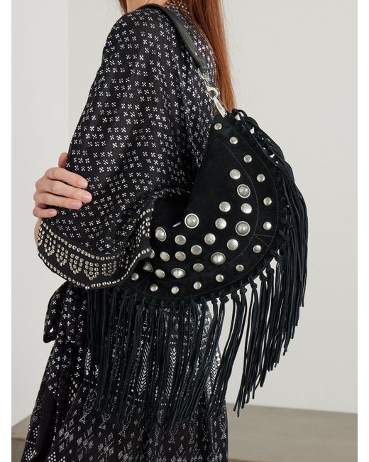 Isabel Marant White Oskan Soft Zipped Fringed Studded Suede Shoulder Bag