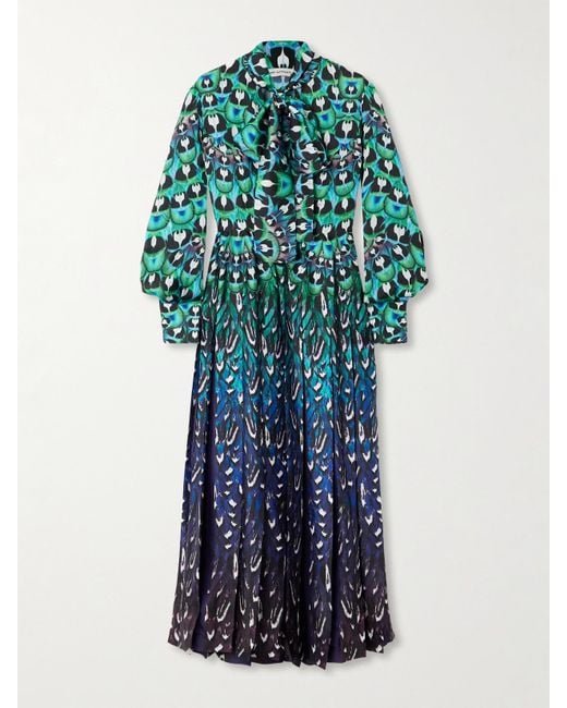 Mary Katrantzou Blue Alexis Pussy-Bow Pleated Printed Satin Midi Dress