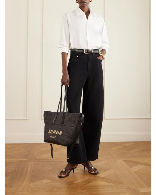 Balmain Black Track Leather-Trimmed Raffia Tote