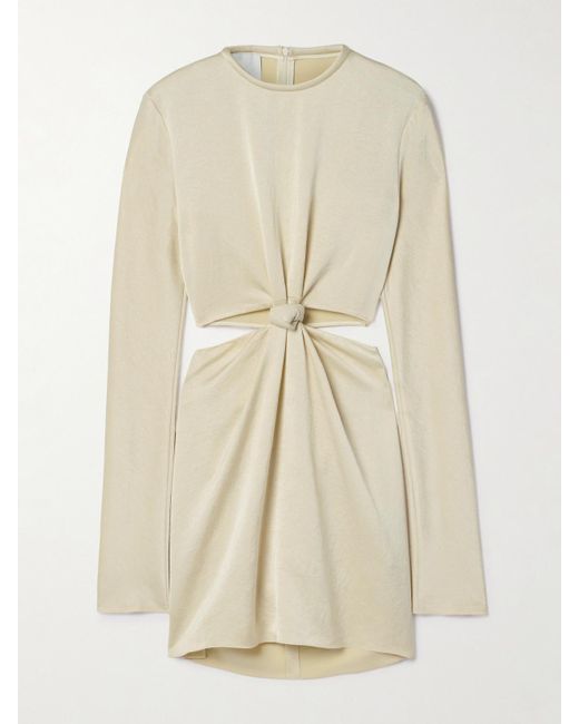 Nanushka Natural Tazia Cutout Faux Leather-Trimmed Hammered-Satin Mini Dress