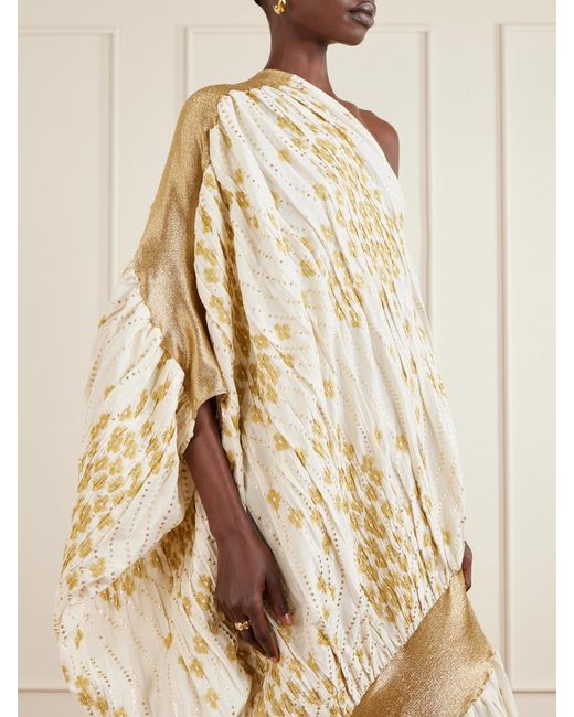 Dima Ayad Natural One-Shoulder Draped Metallic Fil Coupé Gown