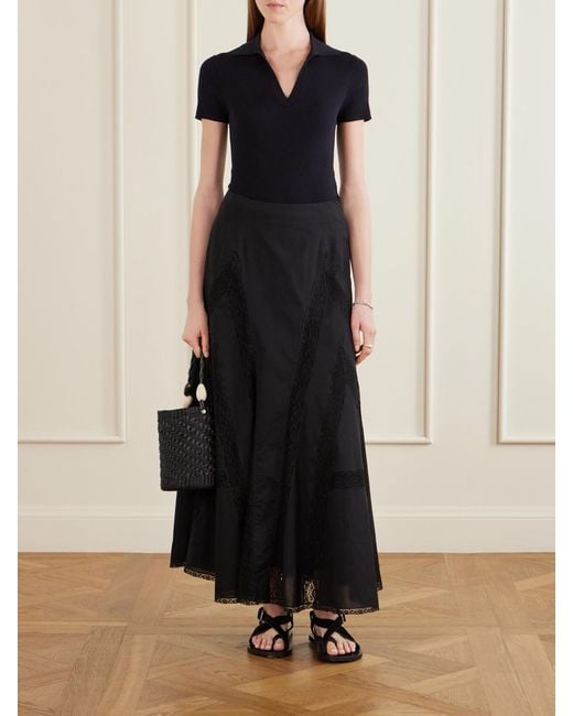 Loretta Caponi Blue Vieste Lace-Trimmed Cotton-Muslin Maxi Skirt