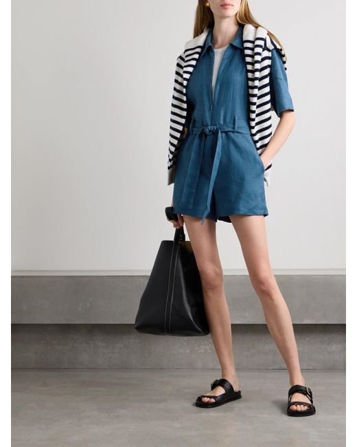 Rivet Utility Blue Influencer Playsuit Aus Leinen Mit Bindegürtel