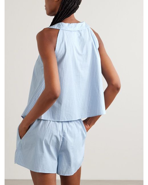 Deiji Studios Blue Round Collar Tie-Detailed Striped Organic Cotton Shirt And Shorts Set