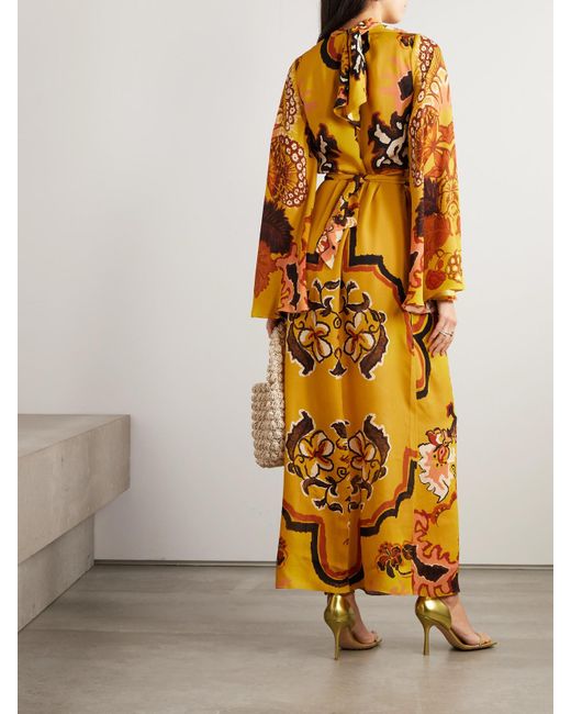 Johanna Ortiz Yellow Frontier Melodies Embroidered Printed Silk-Georgette Maxi Dress