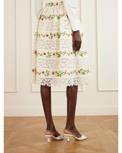 Oscar de la Renta Natural Floral-Print Lace-Trimmed Cotton-Blend Midi Skirt