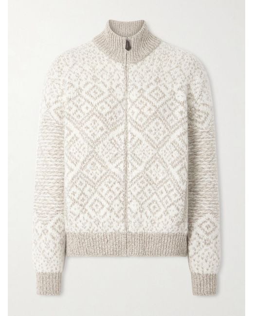 Loro Piana White Jacquard-Knit Cashmere Cardigan