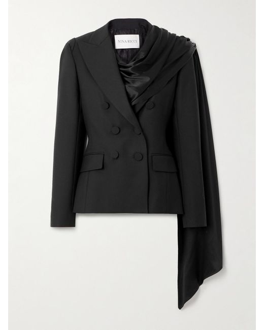 Nina Ricci Women's Black Double-Breasted Draped Satin-Trimmed Wool Blazer