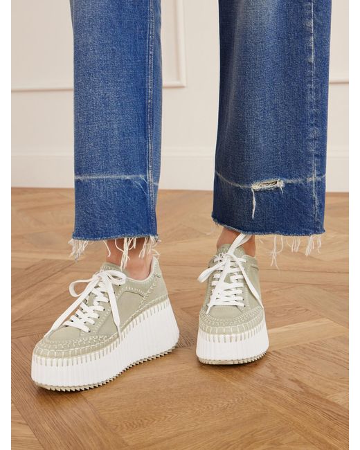 Chloé White Nama Patchwork Suede-Trimmed Leather Platform Sneakers
