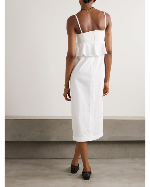 Kika Vargas White Leymah Topstitched Ruffled Cotton-Poplin Peplum Midi Dress