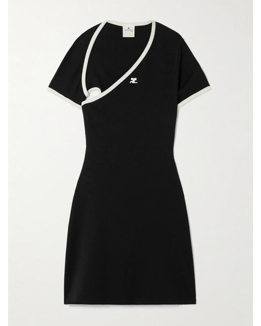 Courreges Black Slash Zweifarbiges, Asymmetrisches Minikleid Aus Baumwoll-Jersey Mit Applikation
