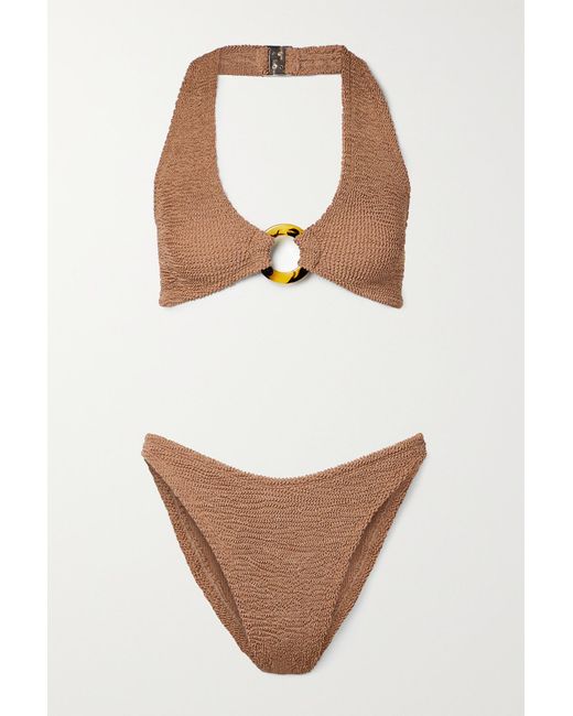 Hunza G Coco Embellished Seersucker Halterneck Bikini in Brown Lyst