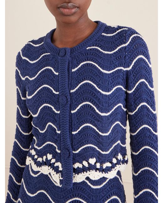 Cara Cara Blue Louise Scalloped Striped Cotton Knit Cardigan