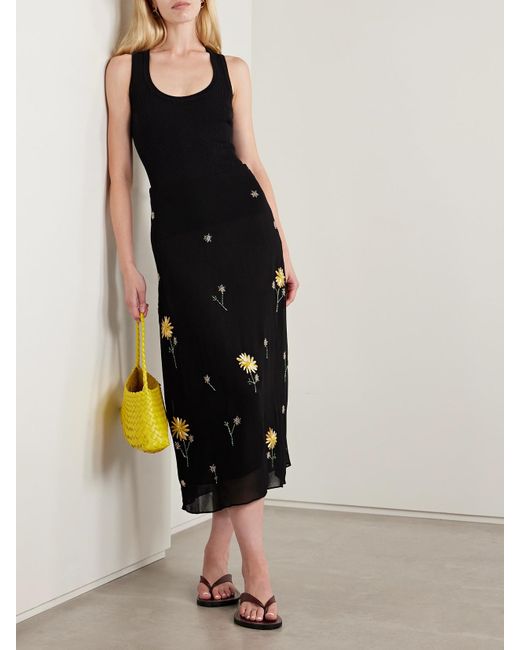 Staud Blue Angela Bead-Embellished Crepe De Chine Midi Skirt