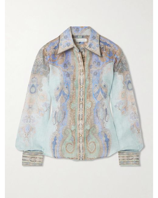 Zimmermann Blue Eden Paisley-Print Linen And Silk-Blend Organza Shirt
