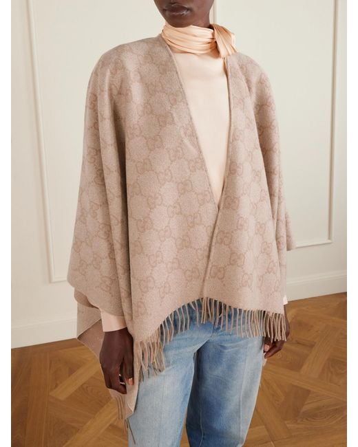 Gucci Natural Fringed Logo-Jacquard Metallic Cashmere-Blend Wrap