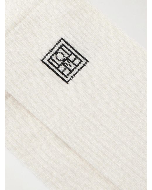 Totême  White Embroidered Ribbed Cotton-Blend Socks