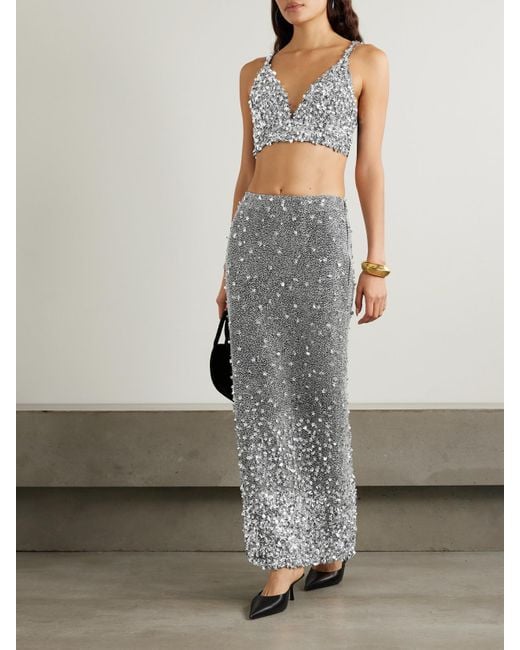Clio Peppiatt Gray Midas Cropped Embellished Stretch-Tulle Top