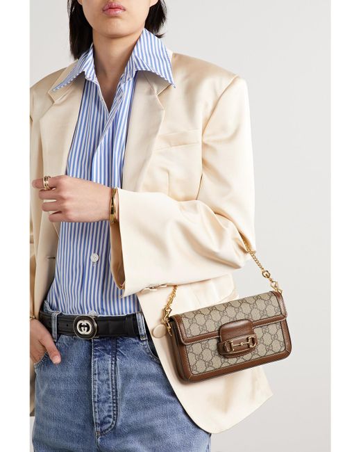 Gucci Brown Horsebit 1955 Embellished Leather-Trimmed Coated-Canvas Shoulder Bag