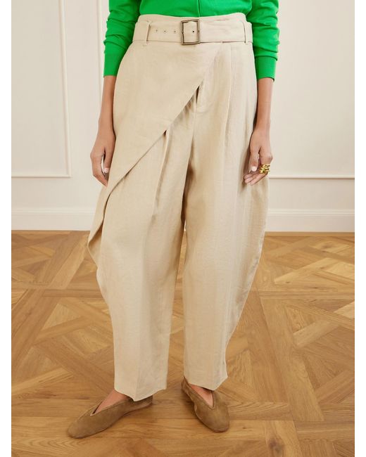 Polo Ralph Lauren Natural Belted Wrap-Effect Pleated Linen Tapered Pants