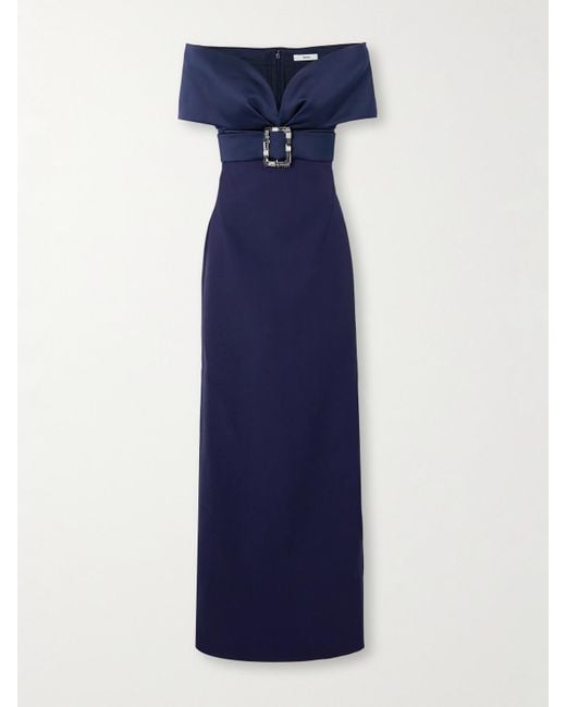 Safiyaa Blue Off-The-Shoulder Crystal-Embellished Belted Crepe Gown