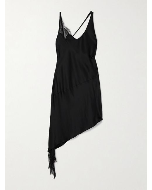 Courreges Black Asymmetrical Lace-Trimmed Satin Mini Dress