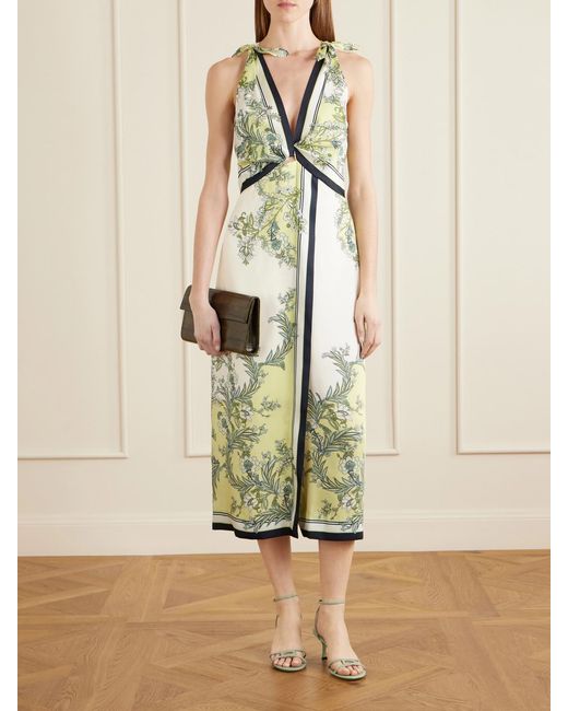 Veronica Beard White Kaliza Twisted Floral-Print Twill Midi Dress