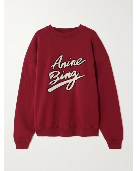 Anine Bing Red Miles Appliquéd Chenille-Trimmed Cotton-Jersey Sweatshirt