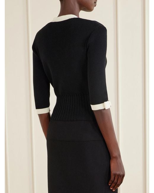 Valentino Garavani Blue Cropped Bow-Embellished Two-Tone Ribbed-Knit Cotton Cardigan
