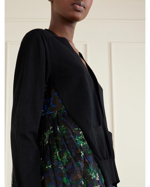 Sacai Black Layered Floral-Print Mesh-Trimmed Cotton Cardigan
