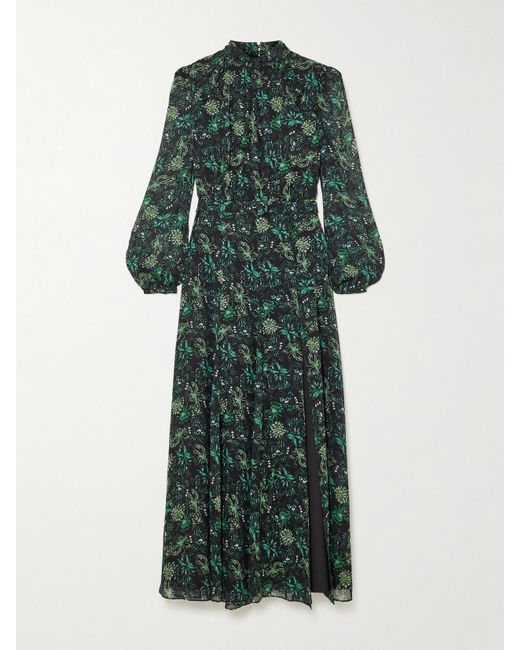 Saloni Green Jacqui B Belted Printed Silk-Georgette Midi Dress