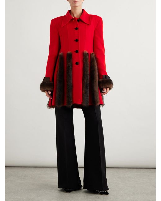 Valentino Garavani Red Bow-Detailed- Shearling-Trimmed Cashmere Coat