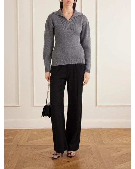 Jil Sander Gray Ribbed-Knit Wool Half-Zip Turtleneck Sweater