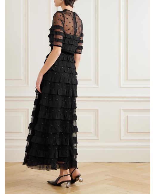 Costarellos Black Velvet-Trimmed Point D'Esprit And Ruffled Chiffon Midi Dress