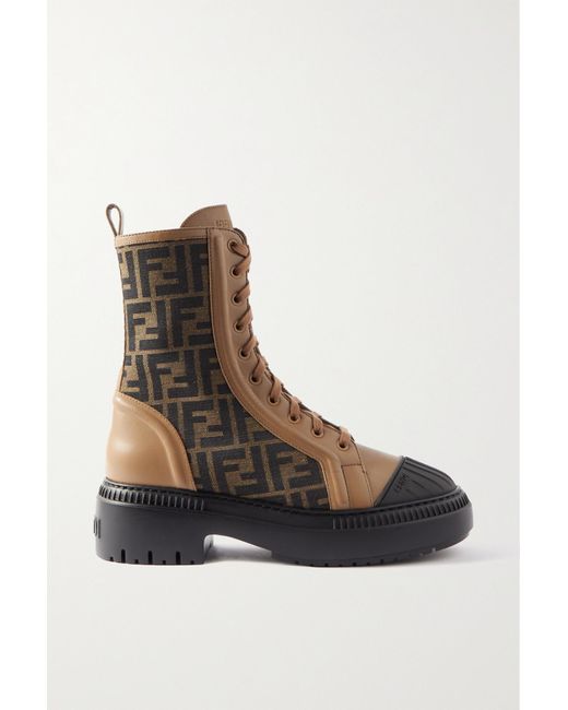 Fendi Rubber-trimmed Leather And Canvas-jacquard Combat Boots in Brown ...